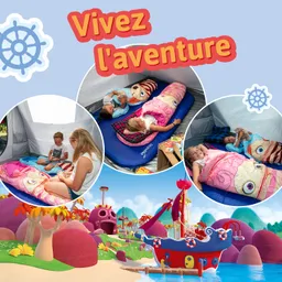 Drei kreisrunde Ausschnitte zeigen Kinder in Schlafsäcken und auf Luftmatratzen in einem Zelt. Im Hintergrund eine bunte Insel mit einem Schiff.