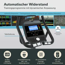 Fitnessgerät mit LCD-Display, Tablet-Halterung und Bedienfeld. Informationen zu Trainingsprogrammen und Daten-Tracking.