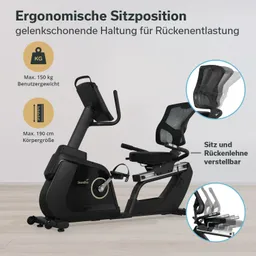 Ergometer mit verstellbarem Sitz und Rückenlehne auf einem hellen Fußboden. Grafiken zu Benutzergewicht und Körpergröße.