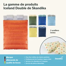 Mehrere Schlafsäcke in verschiedenen Farben, darunter orange, grün, blau und gelb, mit Kissen und Produktinformationen.