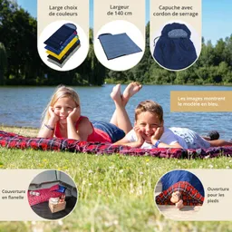 Zwei Kinder liegen auf einer bunten Decke am Ufer eines Sees. Umgeben von Grün und Wasser, lächeln sie in die Kamera. In den Ecken sind Produktdetails in Kästchen mit Bildern und Text.
