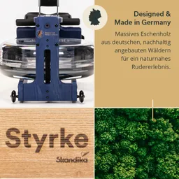 Rudergerät aus Eschenholz mit transparentem Wassertank. Text über Design, Materialien und Naturverbundenheit.