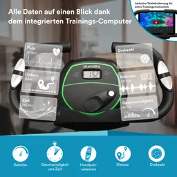 Trainingsgerät mit digitalem Display, das Informationen zu Puls, Distanz, Zeit, Kalorien und Geschwindigkeit anzeigt.