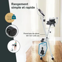 Faltbare Sportfahrrad mit Sitz und Display, daneben technische Details zu Abmessungen und Gewicht auf hellem Hintergrund.