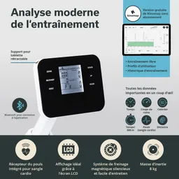 Anzeige eines Fitnessgeräts mit einem schwarz-weißen LCD-Bildschirm. Informationen zu Training, Pulsmessung und Kalorienverbrauch. Bluetooth-Symbol und verschiedene Bedienelemente sichtbar.