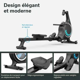 Rudermaschine mit ergonomischem Sitz und verstellbaren Fußstützen, silberner Schiene, auf weißem Hintergrund.