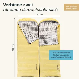 Zwei separate Schlafsäcke in Gelb, geöffnet und nebeneinander liegend. Innenseite mit einem Muster. Maße angegeben.