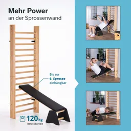 Sprossenwand aus Holz mit einer integrierten, schwenkbaren Bank. Neben Bilder von Personen, die Fitnessübungen ausführen.
