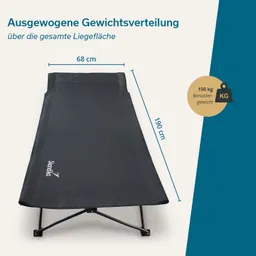 Schwarz gefaltete Liege mit Maßen 68 cm x 190 cm. Hinweis auf Benutzergewicht von maximal 150 kg.