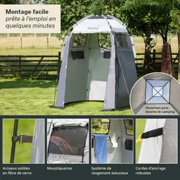 Campingdusche in einem Garten, umgeben von Bäumen und einem Zaun. Detailansichten zeigen verschiedene Funktionen.