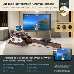Holz-Rudergerät mit einem Bildschirm im Hintergrund, der Trainingstraining zeigt. Informationen zu Kinomap und Angeboten unter dem Bild.