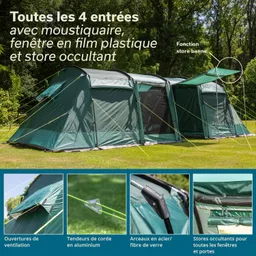 Grünes Zeltdesign mit vier Eingängen, Moskitonetz, Fenster und Verdunkelungsstores. Detaillierte Ansichten von Belüftungsöffnungen und Zeltstangen.