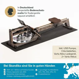 Bodenschutzmatte für Rudergeräte auf schwarzem Untergrund, mit Rudergerät in Holzoptik und transparentem Wasserbehälter.