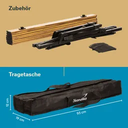 Zusammenstellung von Ausrüstungsgegenständen, darunter eine braune Klappe und eine schwarze Tragetasche mit Maßen.