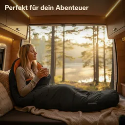 Eine Person sitzt in einem Wohnmobil, eingewickelt in einen schwarzen Schlafsack. Sie hält eine Tasse mit dampfendem Getränk und blickt entspannt nach draußen auf eine Waldlandschaft bei Sonnenaufgang.