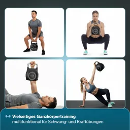 Oben links: Person in Sportkleidung, führt eine Kettlebell-Übung durch. Oben rechts: Person mit Kettlebell in der Hocke. Unten links: Person liegt auf einer Matte und hält eine Kettlebell über sich.