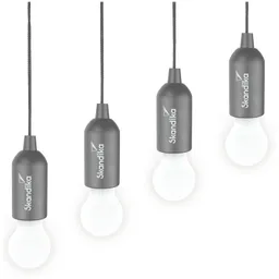 Vier hängende Lampen mit grauen Fassungen und weißen Glühbirnen, auf transparentem Hintergrund.