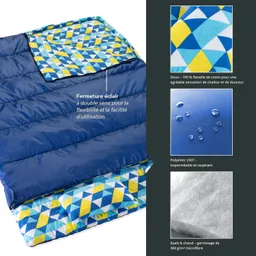 Schlafsack in Blau und buntem geometrischem Muster. Beschreibung der Eigenschaften: Reißverschluss, Materialdetails und Pflegehinweise.