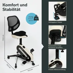 Bürostuhl mit einer Netz-Rückenlehne, gepolsterter Sitzfläche und einklappbaren Pedalen. Technische Details sind angegeben.