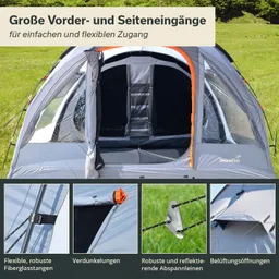 Zelt mit großen Eingängen, grauer Außenstruktur und Fenster. Zubehörteile wie Abspanngurte und Verdunkelungen sichtbar.