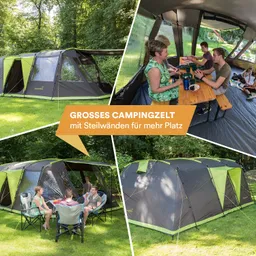 Großes Campingzelt mit Steilwänden, mehrere Ansichten, darunter Innenansicht mit Personen am Tisch im Freien.