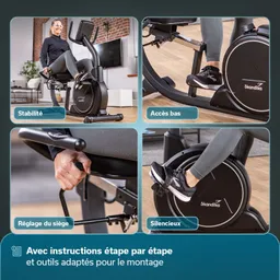 Ein Fitnessgerät in einem Wohnraum, eine Person sitzt darauf und trainiert. Detailansichten zeigen stabile Konstruktion, niedrige Zugänglichkeit, Sitzverstellung und Pedale.
