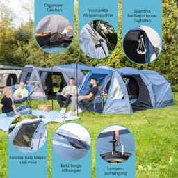 Mehrere Zelte in einem grünen Bereich, mit Personen, die auf Campingstühlen sitzen. Details zu Tatzenausstattung.