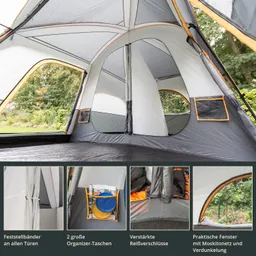 Innere Ansicht eines Zeltes mit grauen und weißen Wänden. Zwei große Organiser-Taschen und verstärkte Reißverschlüsse sind sichtbar. Fenster mit Moskitonetz sind ebenfalls vorhanden.