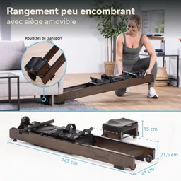 Ein verstellbares Rudergerät aus Holz mit Rollen, daneben eine Person beim Anheben. Im unteren Teil sind Abmessungen des Geräts dargestellt.