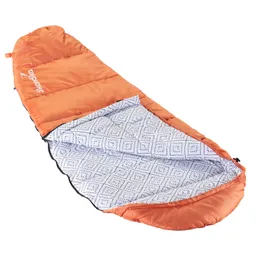 Oranger Schlafsack mit einem weißen Innenteil, das ein geometrisches Muster aufweist. Der Schlafsack ist geöffnet und zeigt die Innenseite.