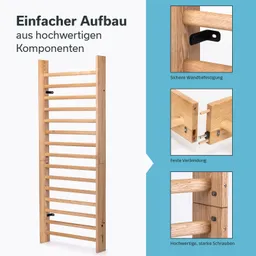 Ein Klettergerüst aus Holz mit senkrechten und horizontalen Leisten. Neben dem Gerüst sind Details zu Wandbefestigung und Verbindungen dargestellt.
