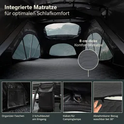 Innensicht eines Zeltes mit einer integrierten Matratze und zwei Fenstern. Unten sind zahlreiche Details abgebildet, wie Organizer-Taschen und Aufhängemöglichkeiten.