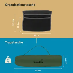 Organisationstasche oben in Schwarz mit Maßen, darunter Tragetasche in Grün mit Logo und Größenangaben.