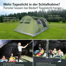 Zelt in der Natur mit offenen Fenstern. Innenansicht zeigt Personen auf Schlafmatten und große Fenster mit Verdunkelung.