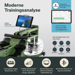 Rudergerät mit Wasserbehälter und Tablet-Halterung. Graphische Datenanzeige mit Trainingsinformationen.