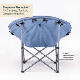Bequemer Moonchair mit runder, blauer Polsterung und pulverbeschichtetem Stahlgestell. Unterseite mit stabilem, klappbarem Rahmen.
