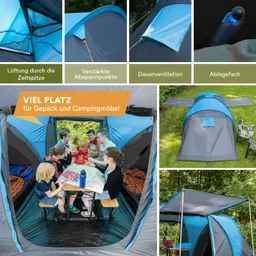 Zelt mit blauen und grauen Elementen, innen sitzen mehrere Personen an einem Tisch. Außenansicht zeigt die Zeltstruktur.