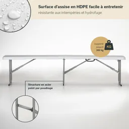 Faltbarer Tisch mit weißer HDPE-Oberfläche und silberner Stahlunterkonstruktion, die bis zu 300 kg trägt.