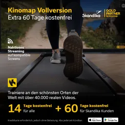 Bild mit Werbung für Kinomap Vollversion. Eine Person läuft auf einem Laufband, im Hintergrund ein Fernseher mit Landschaftsansicht. Text erwähnt kostenloses Streaming und Testangebote.