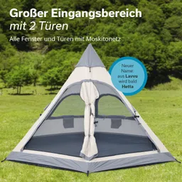 Zelt mit grauen und weißen Elementen, auf einer grünen Wiese, mit zwei Türen und Moskitonetzen. Hintergrund mit Bäumen.