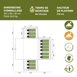 Technische Zeichnung eines Zeltes mit Maßangaben, Montagezeit, Höhe und Wassersäulenwerten. Farbige Symbole für Material und Herkunft.