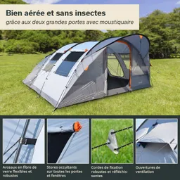 Zelt in grauer und blauer Farbgestaltung auf einer Wiese. Sichtbare Details: Fenster, Moskitonetz und Abspannungen.