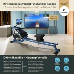 Ein Rudergerät steht im Vordergrund, daneben ein Fernseher, der ein Landschaftsspiel zeigt. Informationen über eine Bonus Playlist für Skandika-Kunden sind eingeblendet.