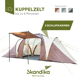 Kuppelzelt mit drei Schlafkabinen, bis zu 6 Personen, in beige und braun, mit Schattenvordach und Spannseilen.