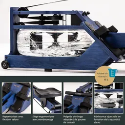 Wasser-Rudergerät in Holzoptik mit transparentem Wassertank. Ergonomischer Sitz, Fußstützen mit Klettverschluss.