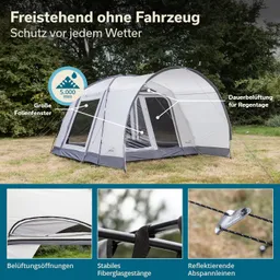 Ein freistehendes Zelt mit großen Folienfenstern steht auf einer Wiese. Elemente wie Belüftungsöffnungen und reflektierende Abspannleinen sind abgebildet.