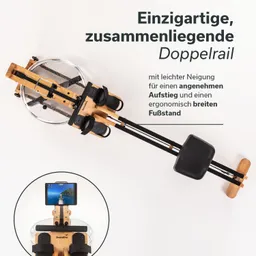 Rudergerät aus Holz mit transparentem Wassertank, Sitz, Fußstützen und Tablet-Halterung, auf weißem Hintergrund.