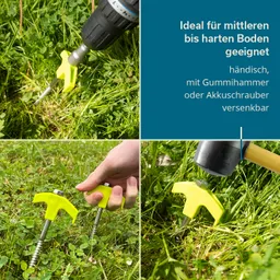 Drei Bilder zeigen ein Gartenwerkzeug mit gelbem Griff und einer Schraube. Es wird in Gras verwendet, einmal mit einem Akkuschrauber, einmal mit einem Gummihammer.