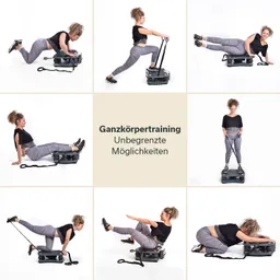 Fitnessgerät für Ganzkörpertraining mit einer Person in sechs verschiedenen Übungen in einem 3x2 Raster angeordnet.