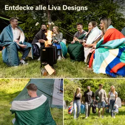 Sechs Personen sitzend um ein Feuer, in Decken gehüllt. Zwei Personen grillen Marshmallows. Unten: eine Person in einem Zelt, zwei Gruppen mit Taschen.